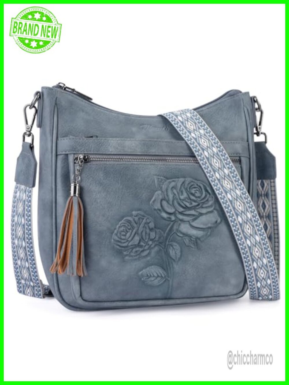Vegan Leather Hobo Crossbody Bag Embossed Floral Women Purse